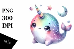 Colorful Baby Narwhal with Moon and Stars | Clipart Product Image 3