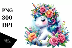 Cute Unicorn Sitting Floral Wreath PNG Product Image 1