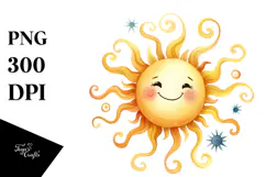 Simple, Smiling Sun, Watercolor PNG Product Image 1