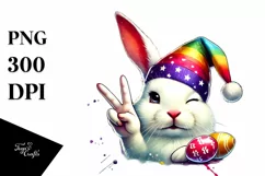 Easter Bunny with Victory Sign in Watercolor PNG Product Image 1
