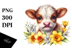 Cute Highland Cow with Narcissus, Transparent PNG Product Image 1