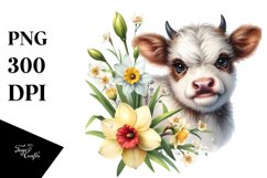 Cute Highland Cow with Narcissus, Transparent PNG Product Image 1