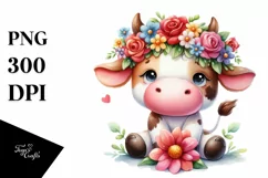 Watercolor Cow with Flower Crown PNG Product Image 3