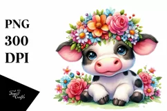 Watercolor Cow with Flower Crown PNG Product Image 1