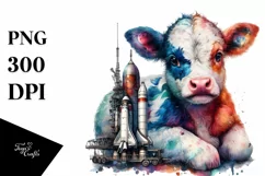 Baby Cow with Space Station PNG Product Image 1