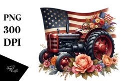 Vintage Tractor and USA Flag Floral Scene Clipart Product Image 3