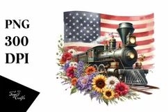 Vintage Train with Flowers and USA Flag | Sublimation Product Image 1