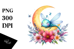 Watercolor Cute Dragonfly Sleeping on the Moon Clipart Product Image 1