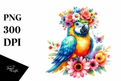 Watercolor Macaw with Flower Crown PNG Product Image 3