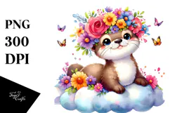 Cartoon-Style Vibrant Otter with Flower Crown PNG Product Image 1
