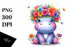 Cute Hippo with Flower Crown Clipart PNG Product Image 1