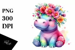Cute Hippo with Flower Crown Clipart PNG Product Image 1