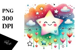 Smiling Star with Hearts, Watercolor PNG Product Image 1