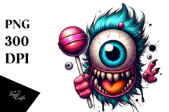 Funny Eyeball Monster with Lollipop, PNG Product Image 1