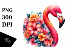Retro Vibrant Flamingo with Flower Half | Clipart Product Image 1