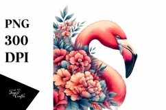 Watercolor Flamingo with Flowers | Clipart Product Image 1