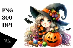 Vibrant Witch Halloween Drawing | Watercolor Clipart Product Image 1