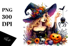 Vibrant Witch Halloween Drawing | Watercolor Clipart Product Image 1