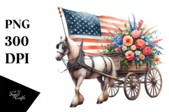 Vintage Horse Wagon with Flowers USA Flag Product Image 1