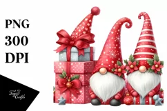 Watercolor Cute Red Christmas Gnomes Behind Presents View Product Image 1