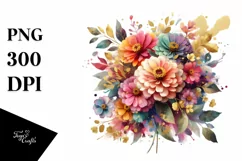 Watercolor Abstract Colorful Bouquet Gold Foil with Zinnia Product Image 1