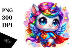 Digital Watercolor with Baby Unicorn in Superhero Cape Product Image 1