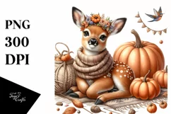 Funny Cute Baby Deer with Pumpkins | Clipart Product Image 1