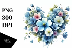 Blue Floral Heart, Watercolor PNG Product Image 1
