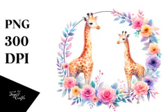 Watercolor Pastel Giraffe Floral Frame Clipart Product Image 1