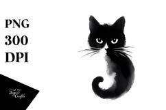 Simple Black Cat Watercolor, PNG Product Image 1