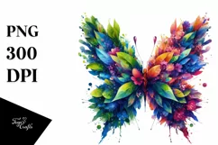Vibrant Butterfly with Plant Leaves and 3D Flowers, PNG Product Image 1