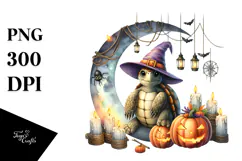 Watercolor Turtle Halloween Moon PNG Product Image 1