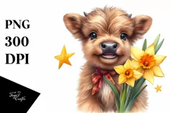 Cute Baby Highland Cow Daffodil | Clipart Product Image 1