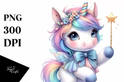 Colorful Baby Unicorn with Magic Wand PNG Product Image 1