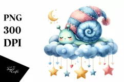 Cute Baby Snail Sleeping on the Cloud Clipart Product Image 1