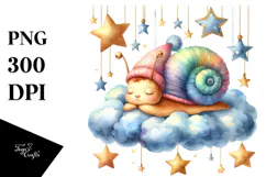 Cute Baby Snail Sleeping on the Cloud Clipart Product Image 1