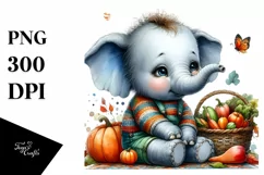 Colorful Quirky Baby Elephant Holding Basket | Clipart Product Image 1