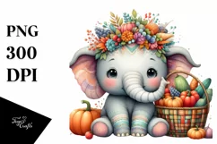 Colorful Quirky Baby Elephant Holding Basket | Clipart Product Image 1