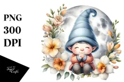 Gnome with Freesia Floral Frame PNG Product Image 1