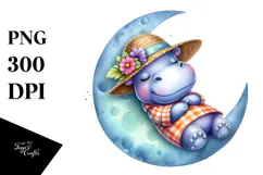 Whimsical Baby Hippo on Moon Sticker Clipart Product Image 1