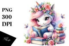 Pastel Unicorn, Reading with Flowers | Sublimation | Clipart Product Image 3