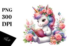 Pastel Unicorn, Reading with Flowers | Sublimation | Clipart Product Image 3