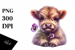 Cute Highland Cow Holding Pansy | Sublimation Clipart Product Image 1