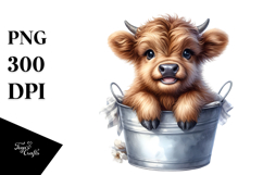 Watercolor Cute Baby Highland Cow Sitting in Bucket | Product Image 1