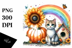 Cat House Pumpkin Sunflower Rainbow | Clipart Product Image 1