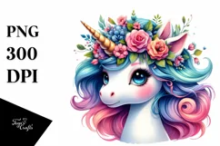 Cute Unicorn Playing with Floral Wreath PNG Product Image 3