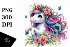 Cute Unicorn Playing with Floral Wreath PNG Product Image 3