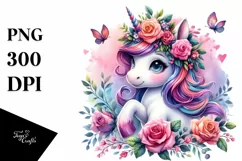 Cute Unicorn Playing with Floral Wreath PNG Product Image 1