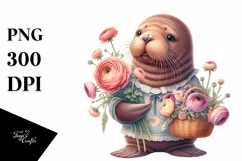 Cute Baby Walrus with Ranunculus Bouquet PNG Product Image 3
