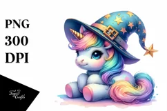 Colorful Baby Unicorn with Magic Wand and Wizard Hat PNG Product Image 1
